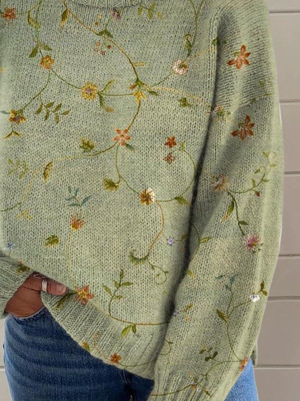 Women's Charming Sweater with Floral Pattern and Long Sleeves