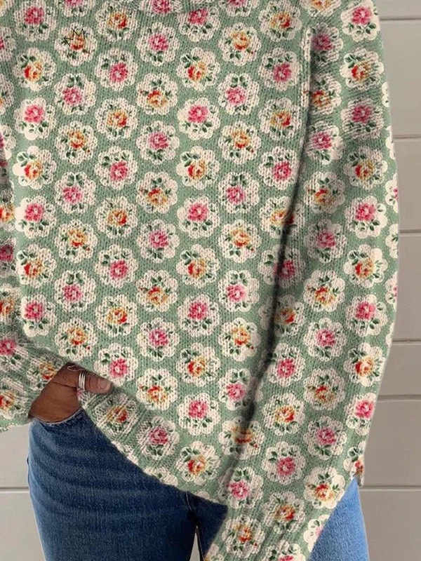 Women's sweater with a beautiful floral print and turtleneck