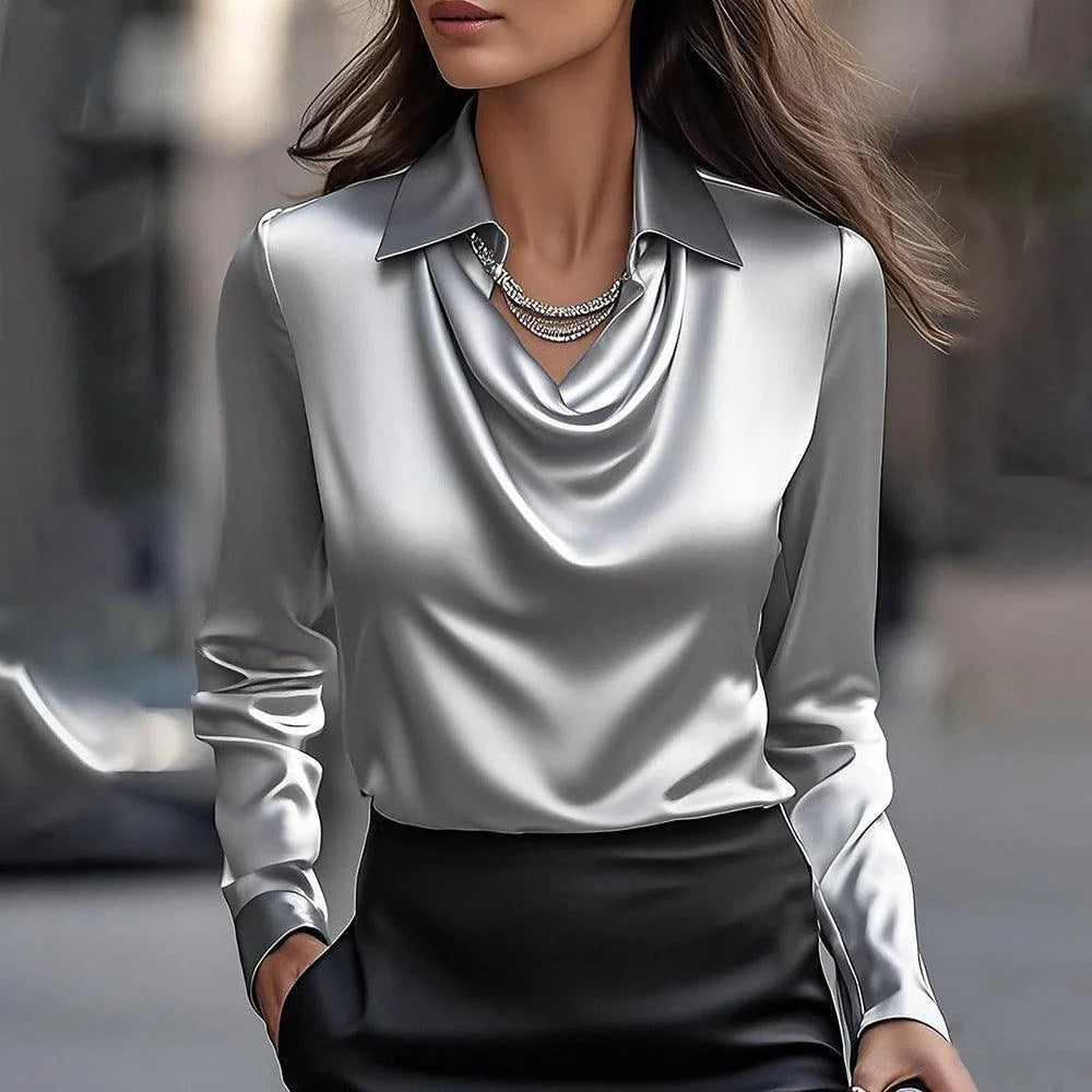 Ikata | Shiny Blouse with Pleated Neckline – Chic & Timeless
